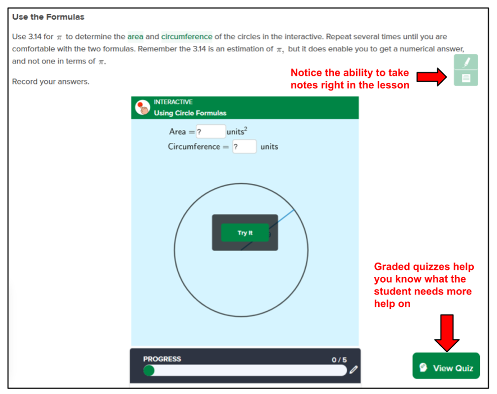 screenshot of an example geometry lesson on using formulas with circles. Notice the ability to take notes right in the lesson, the interactive activity using circle formulas, and graded quizzes that help you know what the student needs more help on